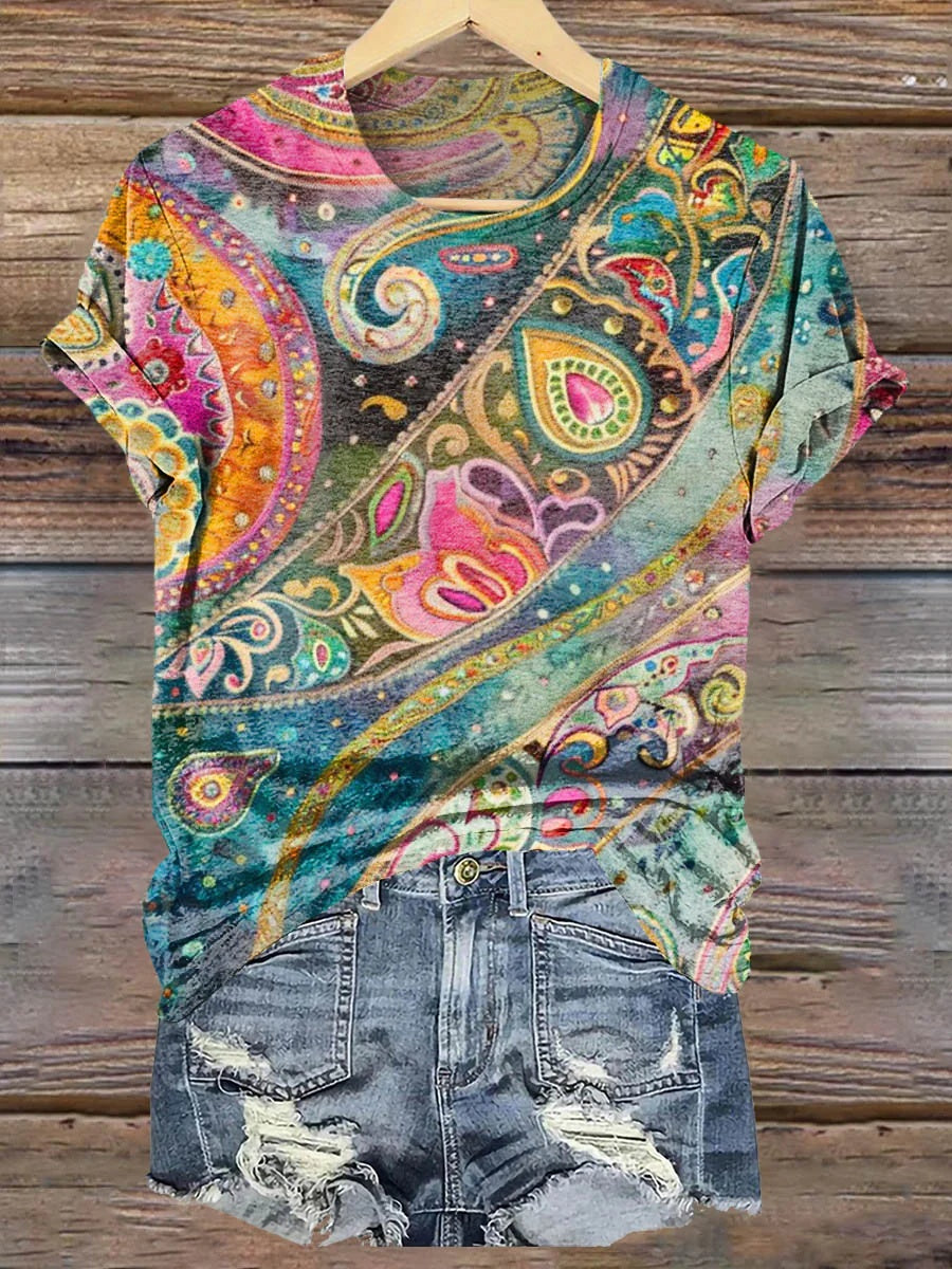 3D Digital Print T-Shirt Womens V-Neck Short-Sleeve Top by Ricaloux