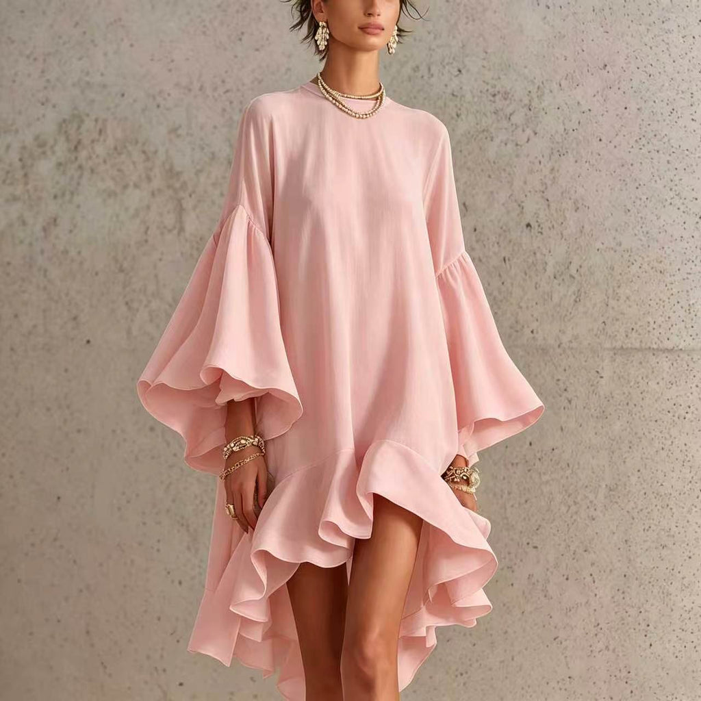 Asymmetrical Round-neck Dress With Puff Sleeves And Ruffled Trim by Ricaloux