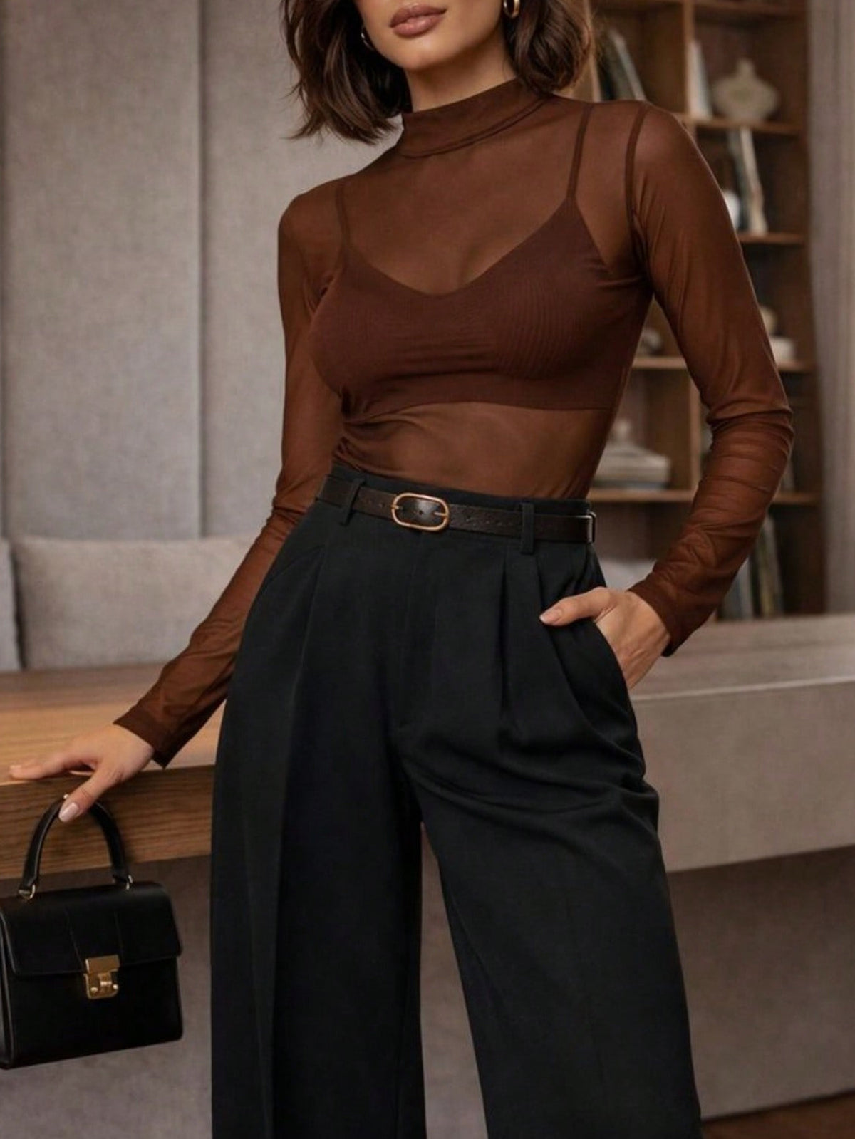 Womens Solid-color Mock-neck Sheer Mesh Bottoming Top by Ricaloux