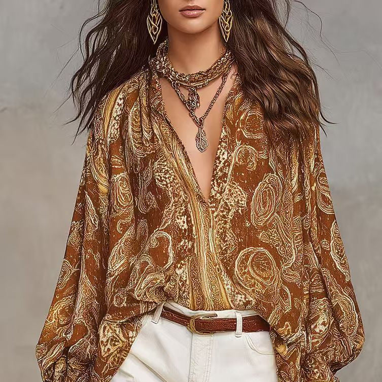 New Versatile Retro-print Long-sleeve Loose-fit Blouse, Womens Shirt by Ricaloux