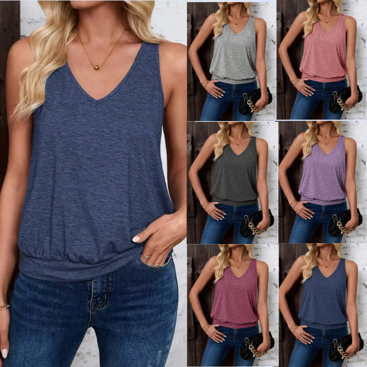 Women's V-Neck Sleeveless Blouson Hem Tank Top - Casual Loose Fit Camisole – Premium 4 | RICALOUX