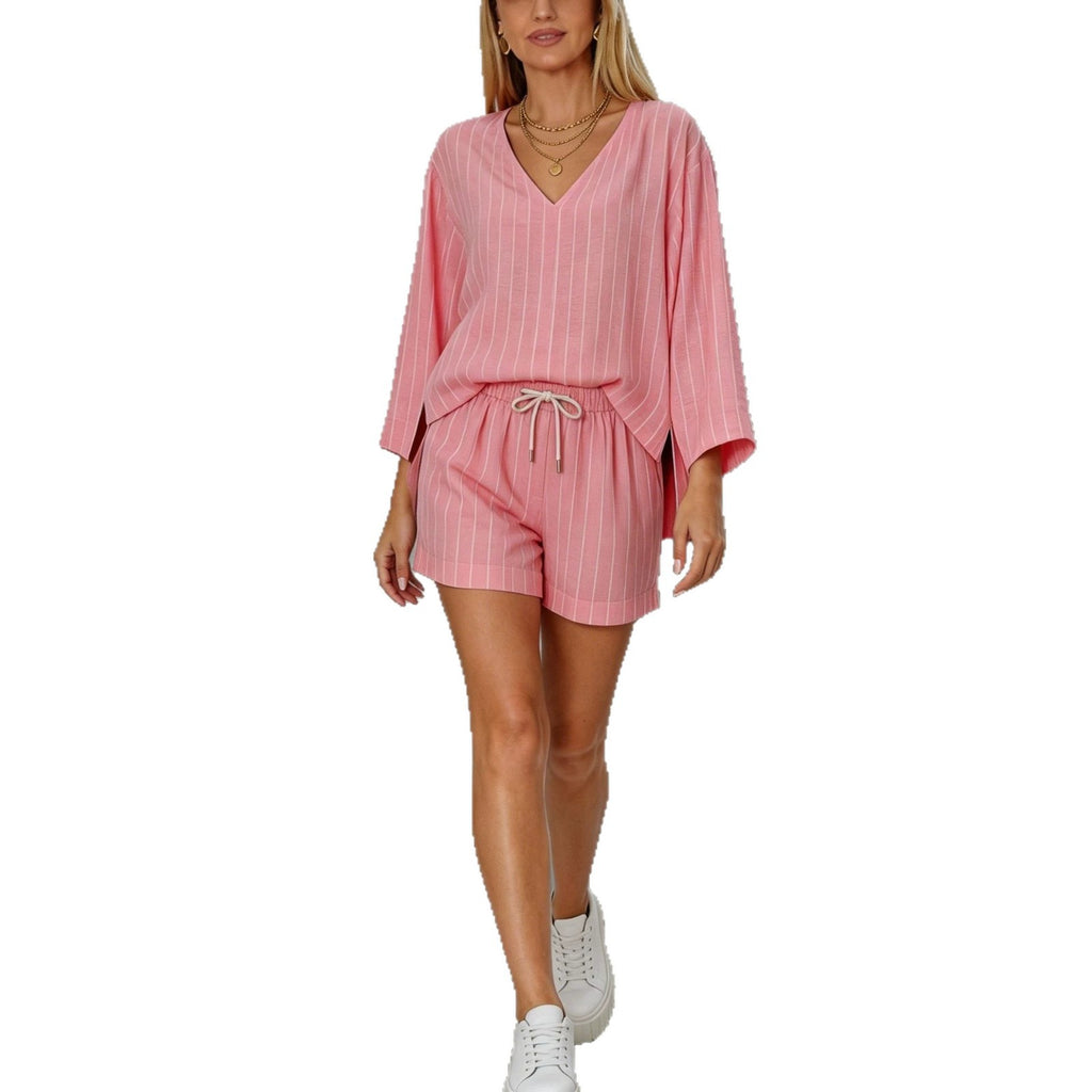 Womens Loose-fit V-neck Long-sleeve Shorts Set by Ricaloux