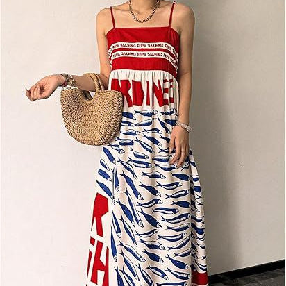 Small-fish Strap Printed New Long Dress One-piece Dress by Ricaloux