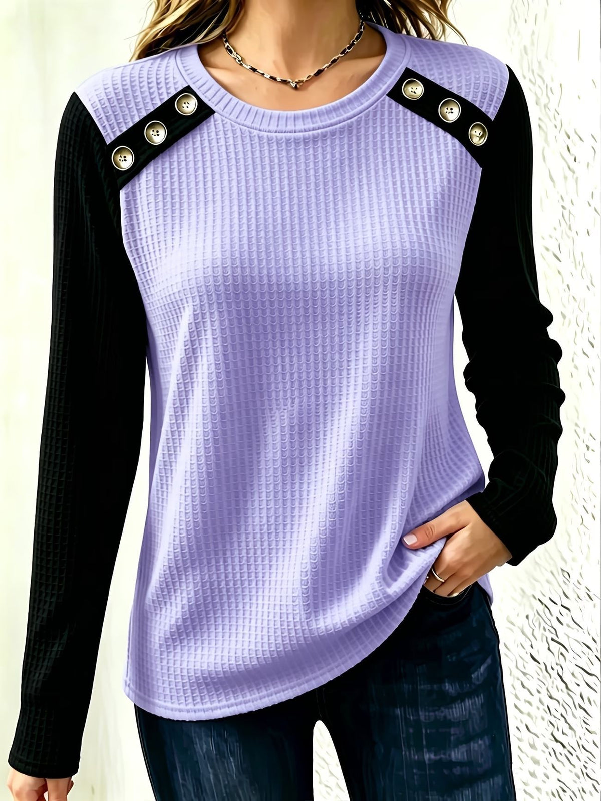FallWinter Crew-neck Patchwork Waffle-knit Long-sleeve Top by Ricaloux