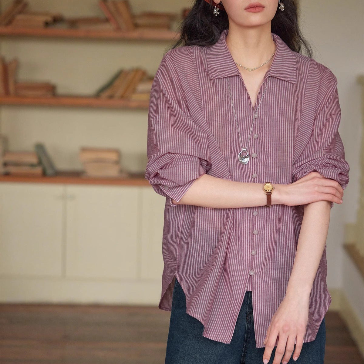 French-striped Lightweight Sun-protection Shirt by Ricaloux