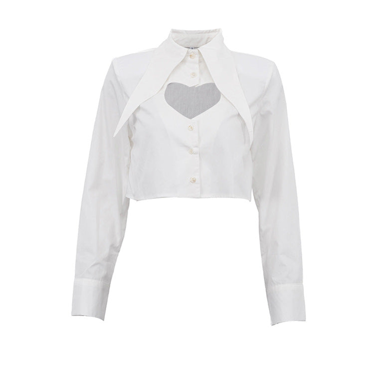 Pointed Collar Heart Cutout Long Sleeve Crop Shirt – Premium 4 | RICALOUX