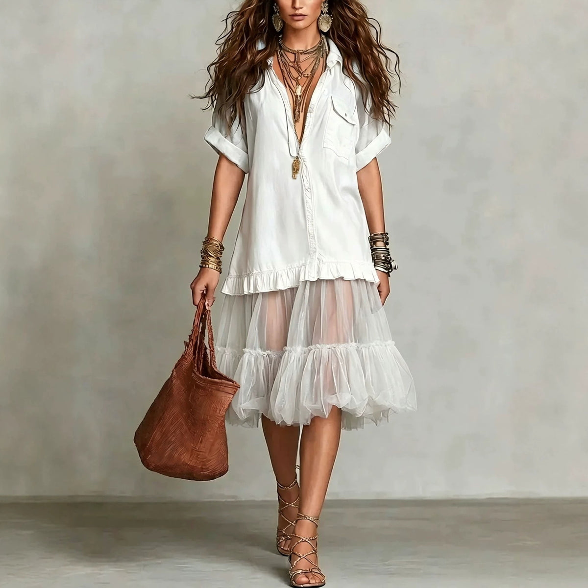 Bohemian Faux-jean Patchwork Tulle Maxi Dress by Ricaloux