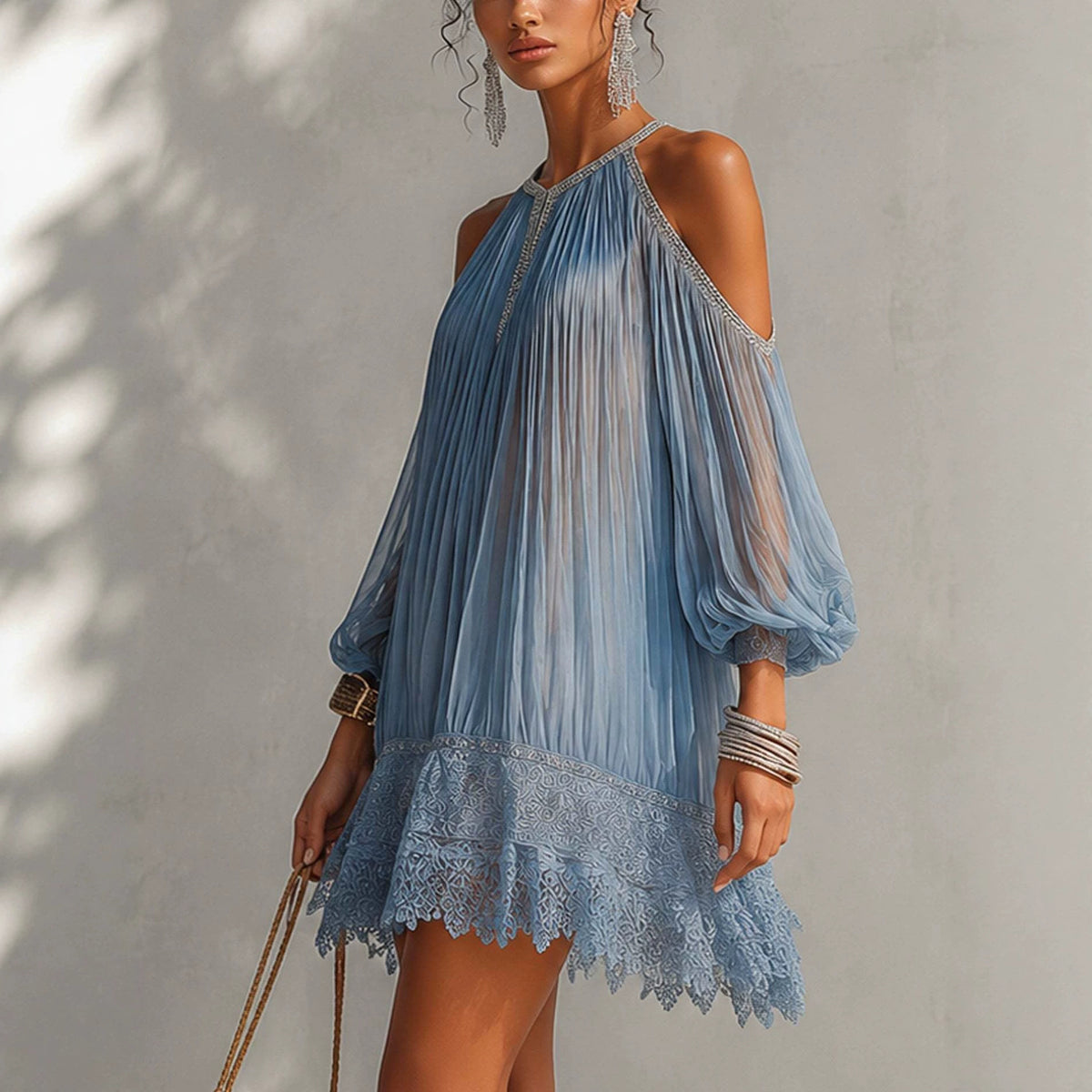 Loose-fit Puff-sleeved Lace-trimmed Resort Beach Mini Dress – Premium 0 | RICALOUX