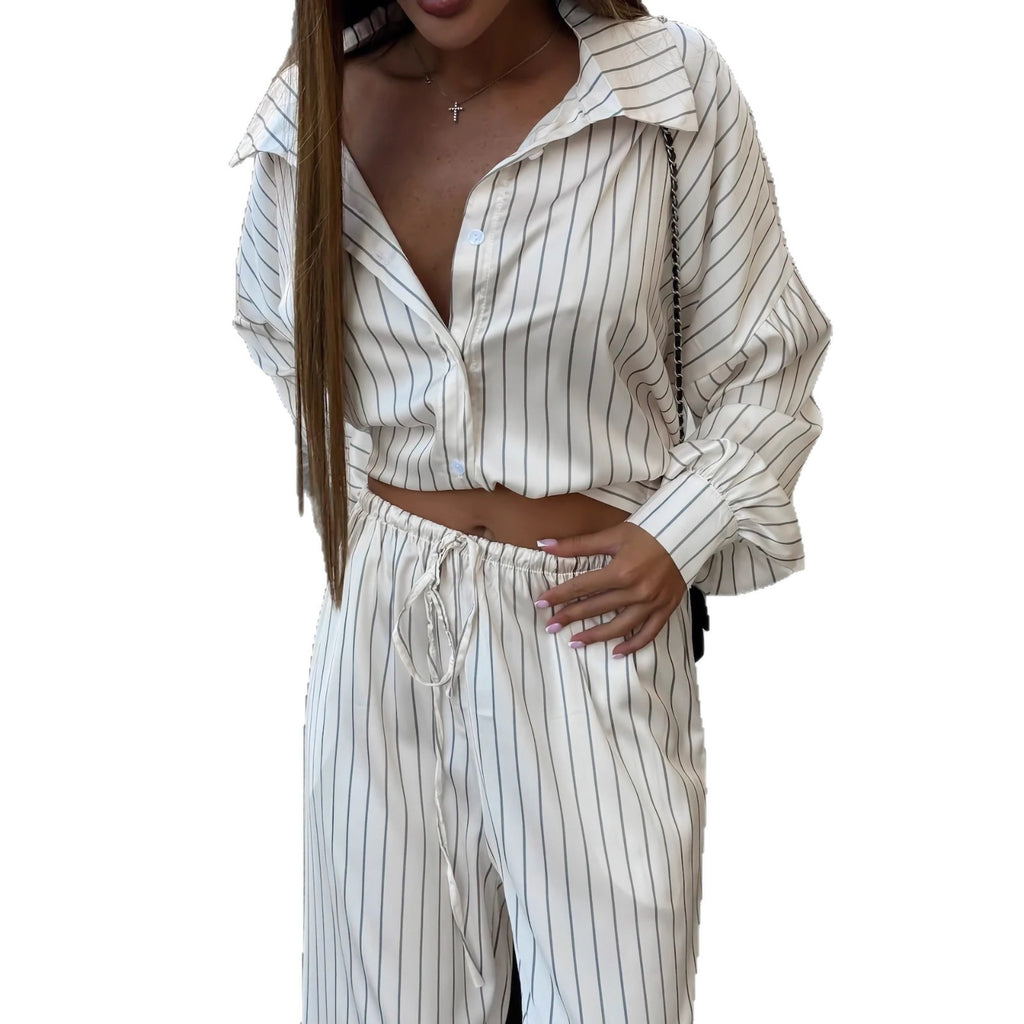 Fashionable Striped Long-sleeve Shirt Cardigan And Wide-leg Pants Two-piece Set by Ricaloux