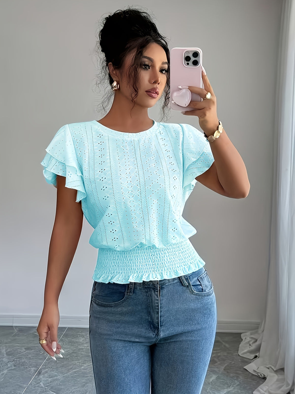 Womens Solid-Color Casual Round-Neck Top by Ricaloux