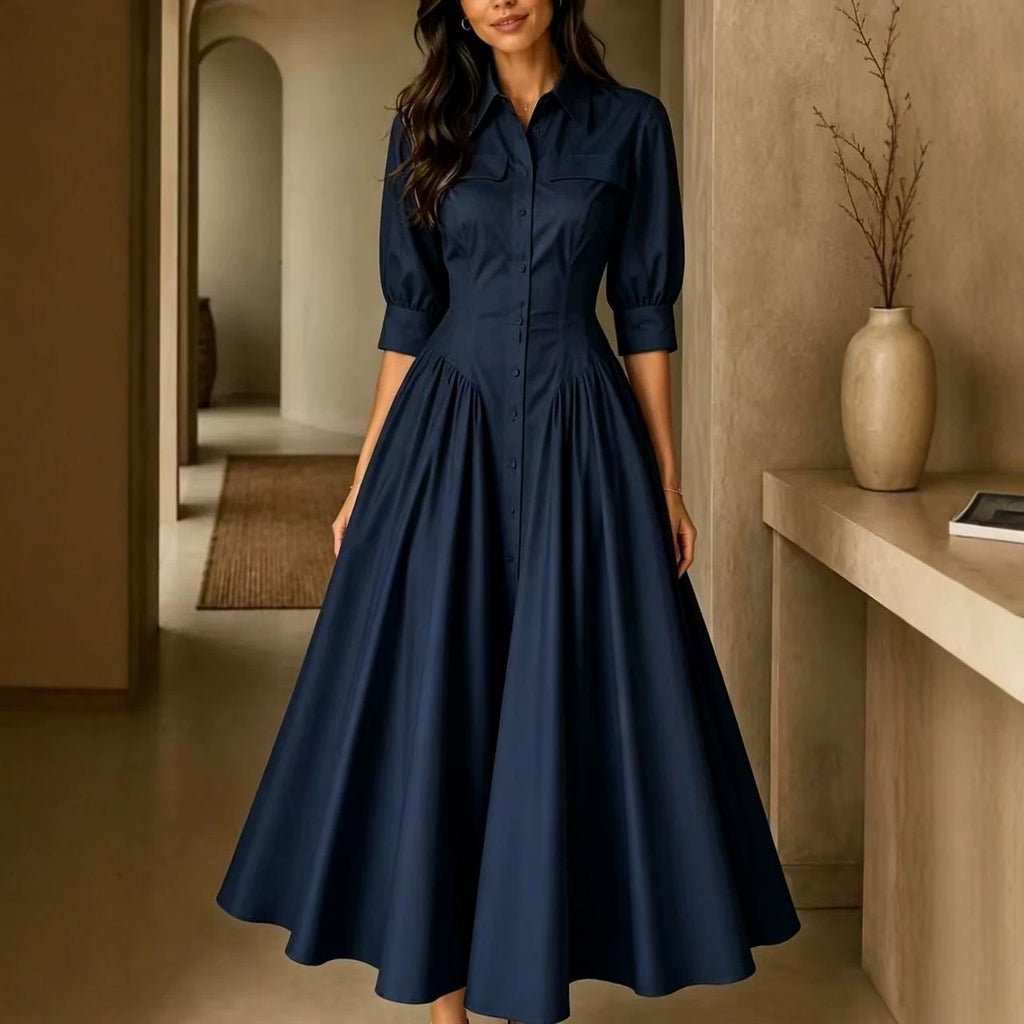 Cotton-linen Blend Single-breasted High-waisted Solid-color Dress by Ricaloux