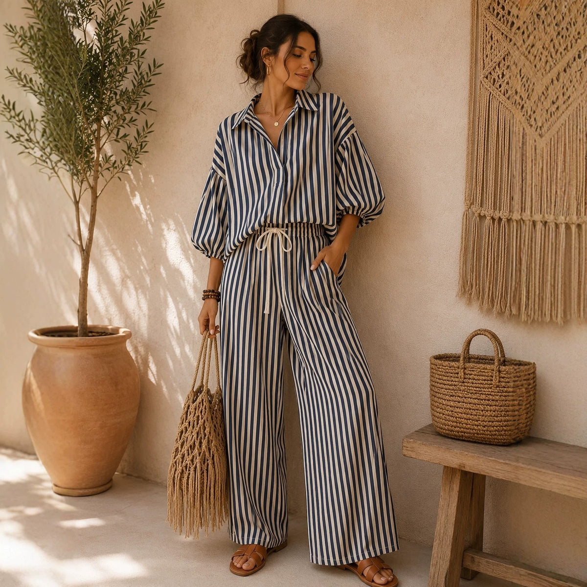 Fashionable Striped Lapel Shirt And Pants Womens Set by Ricaloux