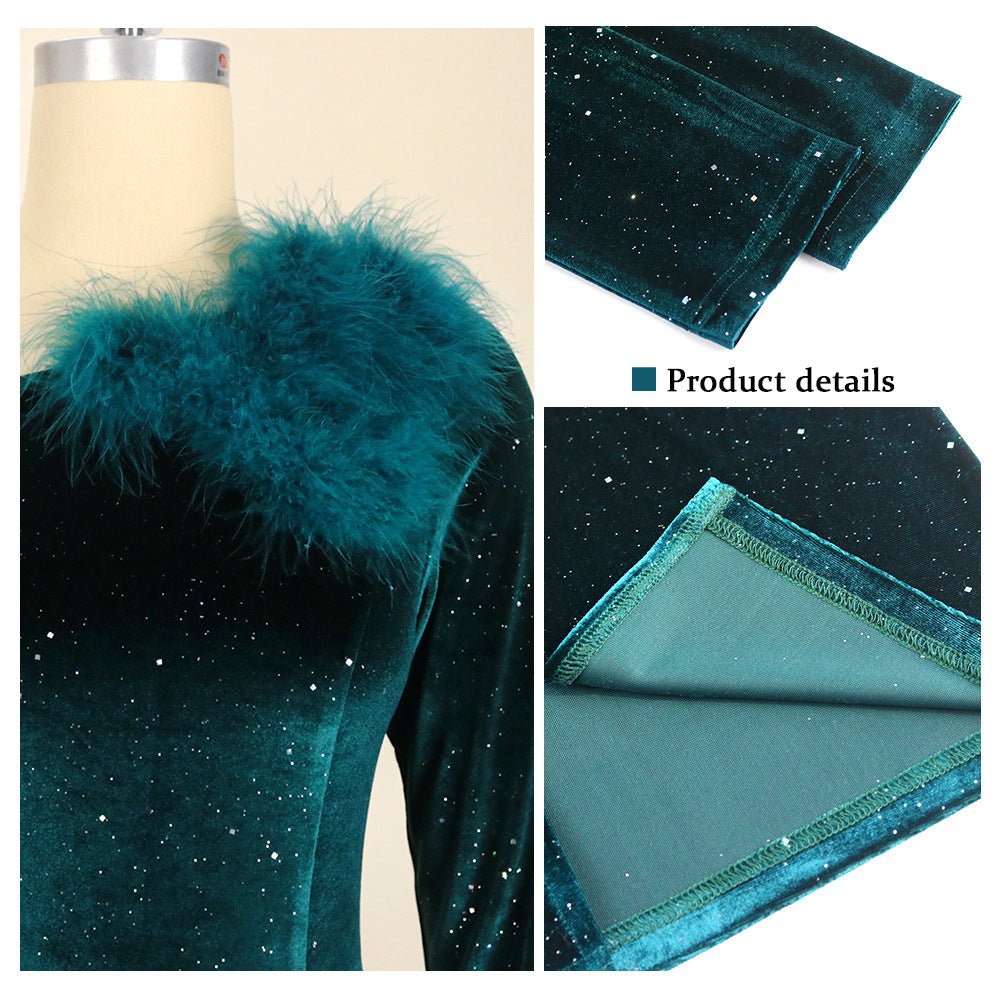 One-shoulder Long-sleeved Sequin Party Banquet Dress Velvet Large Women's Dress - RICALOUX