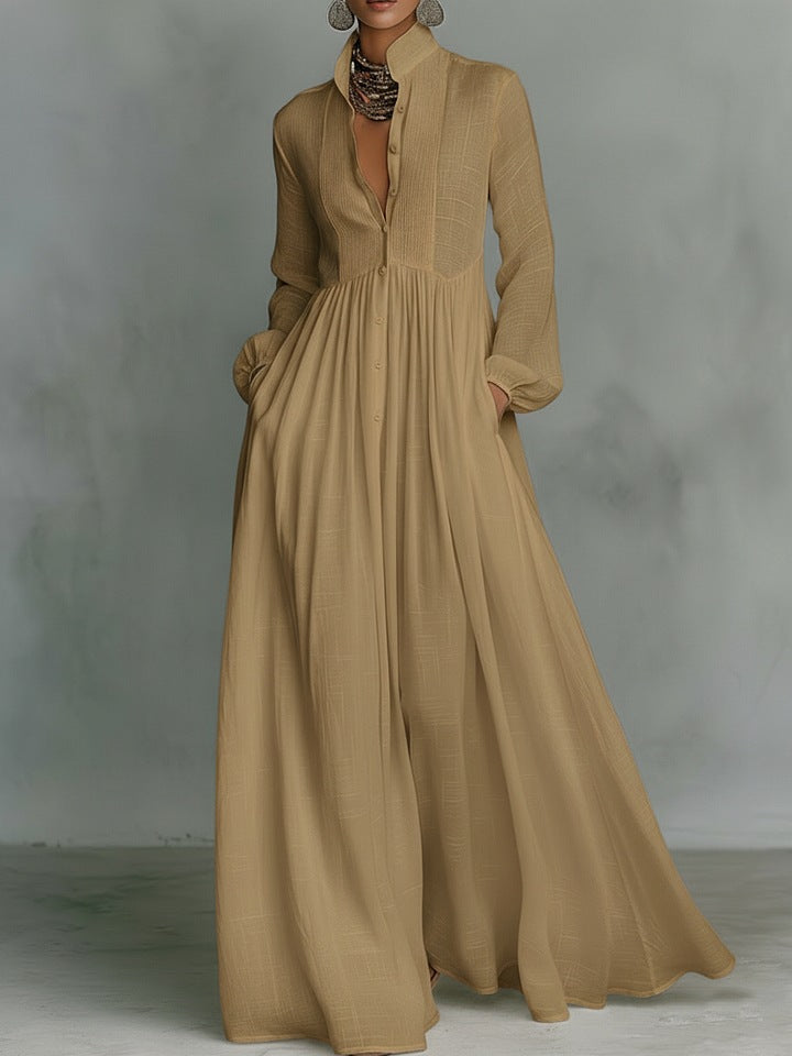 Elegant Stand Collar Button Down Maxi Dress - Long Sleeve Pleated Flowy Gown With Pockets by Ricaloux