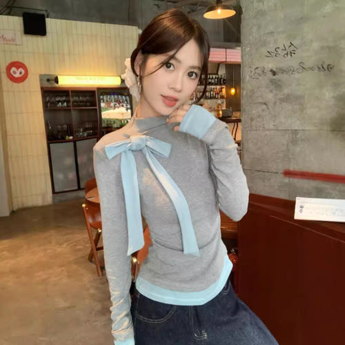 Bow-tied Contrast-Color Long-Sleeve T-Shirt For Women by Ricaloux