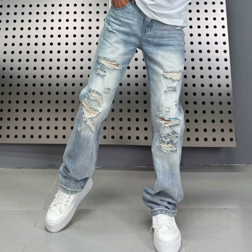 Fumei Personalized Perforated Design Denim Casual Versatile High Street Straight Leg Pants – Premium 0 | RICALOUX