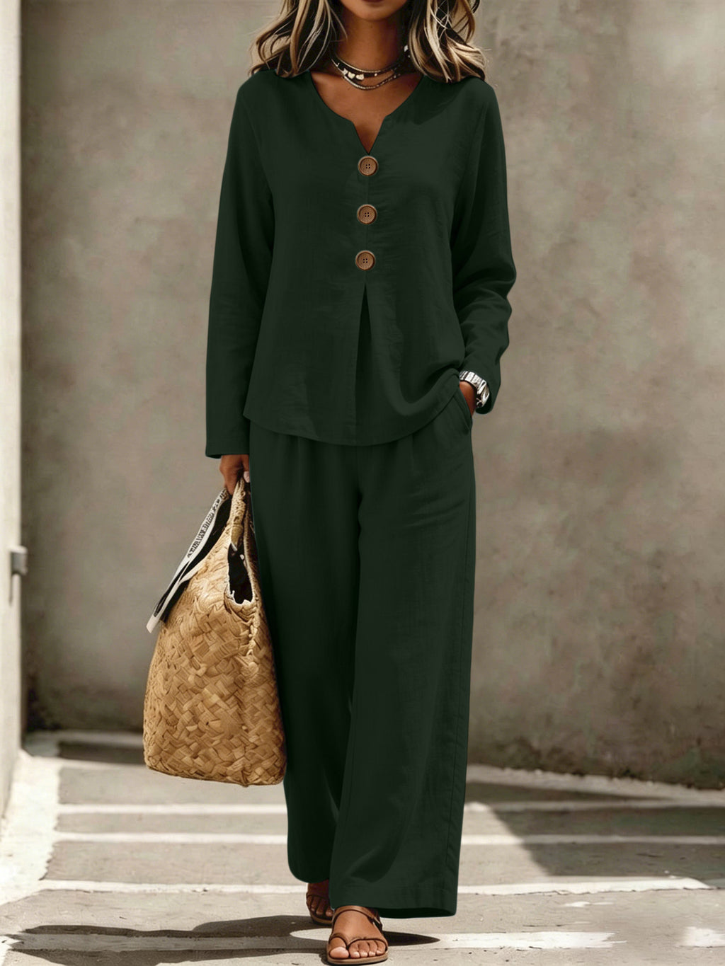 Womens Casual Buttoned V-Neck Long-Sleeve Top And Pants Set – Premium 0 | RICALOUX