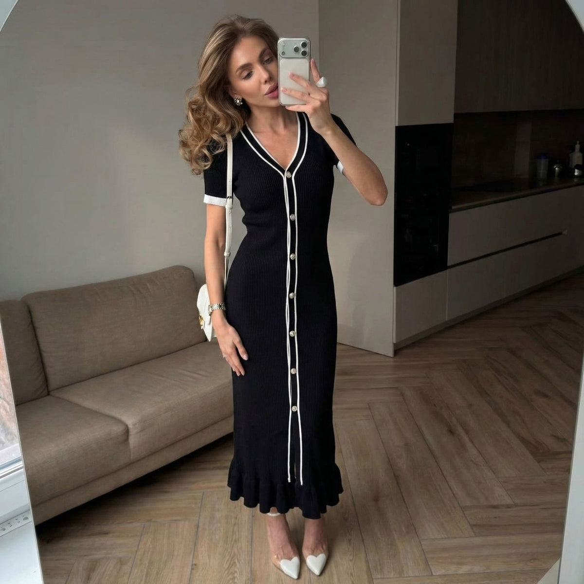 Elegant V-neck Long-sleeve Single-breasted Knit Dress For Women by Ricaloux