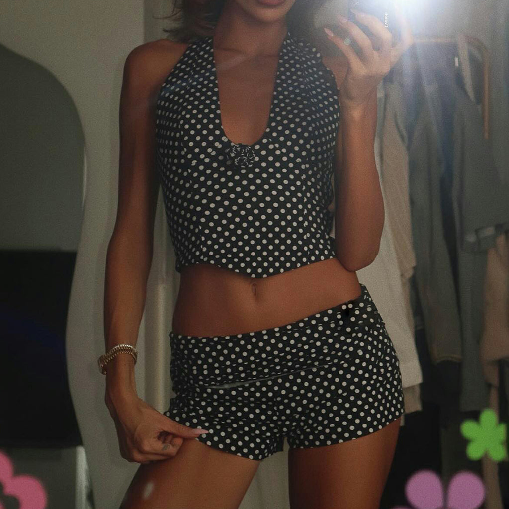 Polka-dot 3D Flower Halter Vest And Cropped Shorts Set by Ricaloux