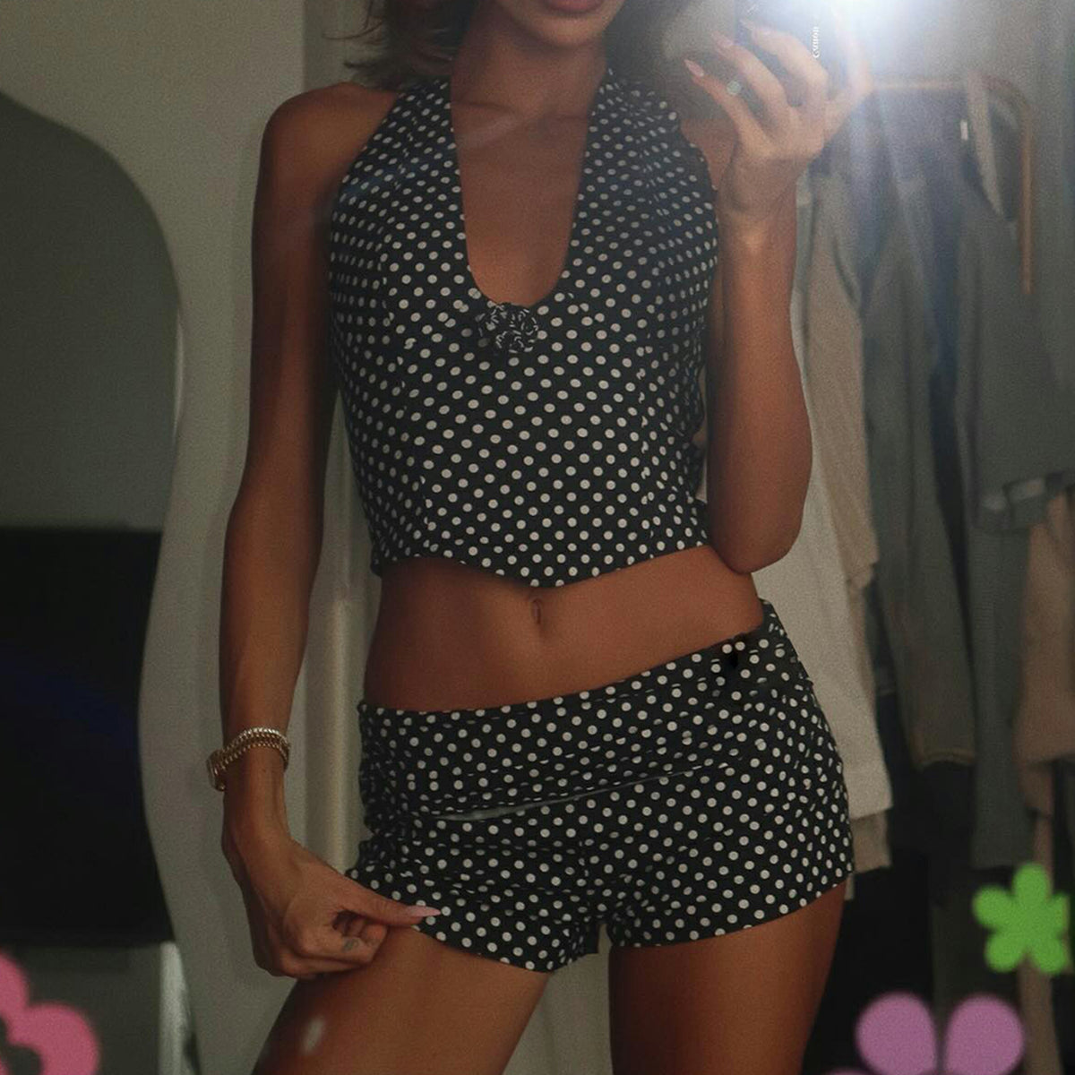 Polka-dot 3D Flower Halter Vest And Cropped Shorts Set by Ricaloux