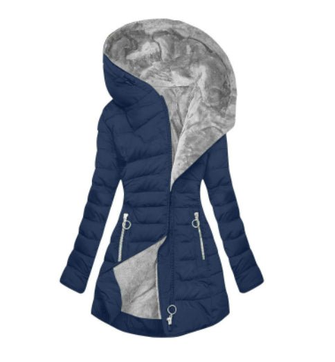 Women's Plush Hooded Mid-length Oblique Zipper Cotton-padded Coat - RICALOUX