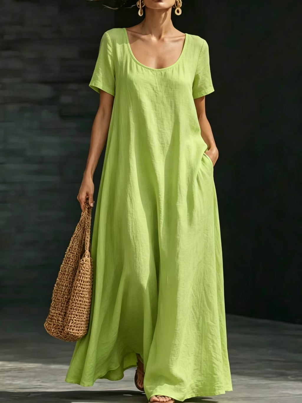 Summer Dress U-neck Short-sleeve Loose Casual Pure Color Full-skirted Long Dress by Ricaloux