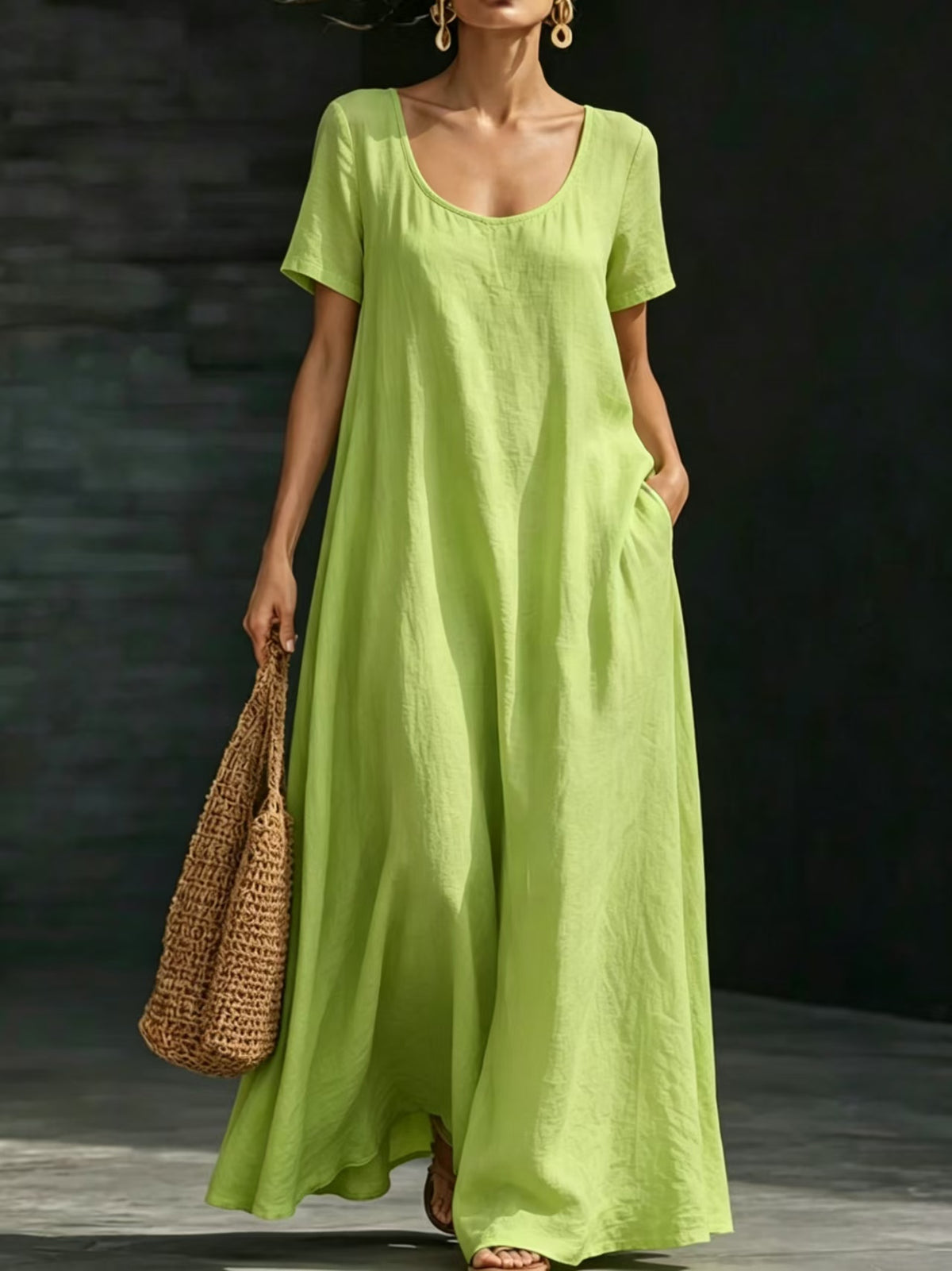 Summer Dress U-neck Short-sleeve Loose Casual Pure Color Full-skirted Long Dress by Ricaloux