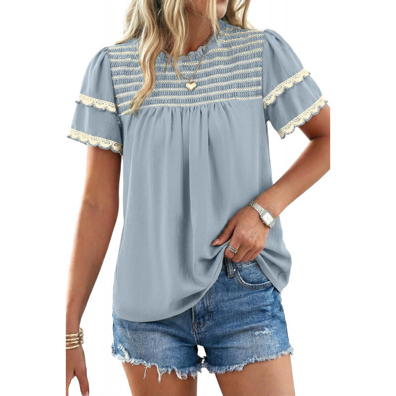Womens Round-neck Ruffled Short-sleeve Blouse – Premium 0 | RICALOUX