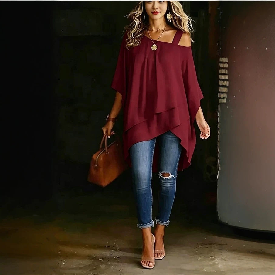 Womens Solid-color Asymmetric Off-shoulder Top – Premium 0 | RICALOUX