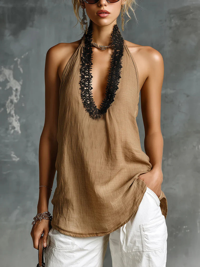 V-neck Sleeveless Halter Lace-trimmed Cotton-linen Vest by Ricaloux