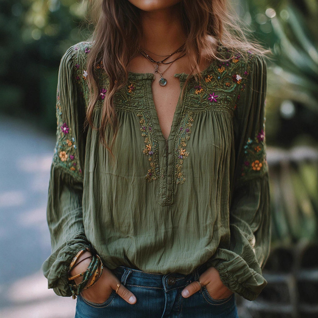 Ethnic-style Embroidered Floral Lantern-sleeve Loose-fitting Top by Ricaloux