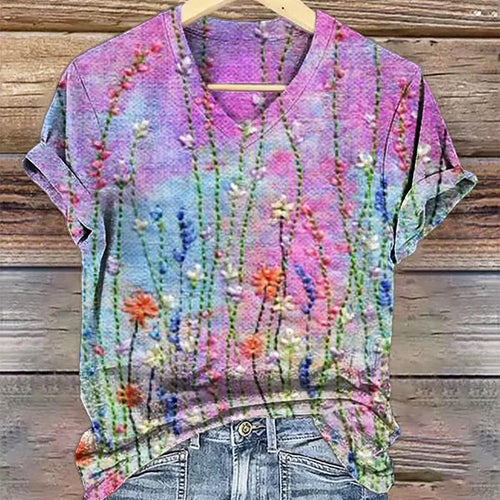 3D Digital Print T-Shirt Womens V-Neck Short-Sleeve Top by Ricaloux