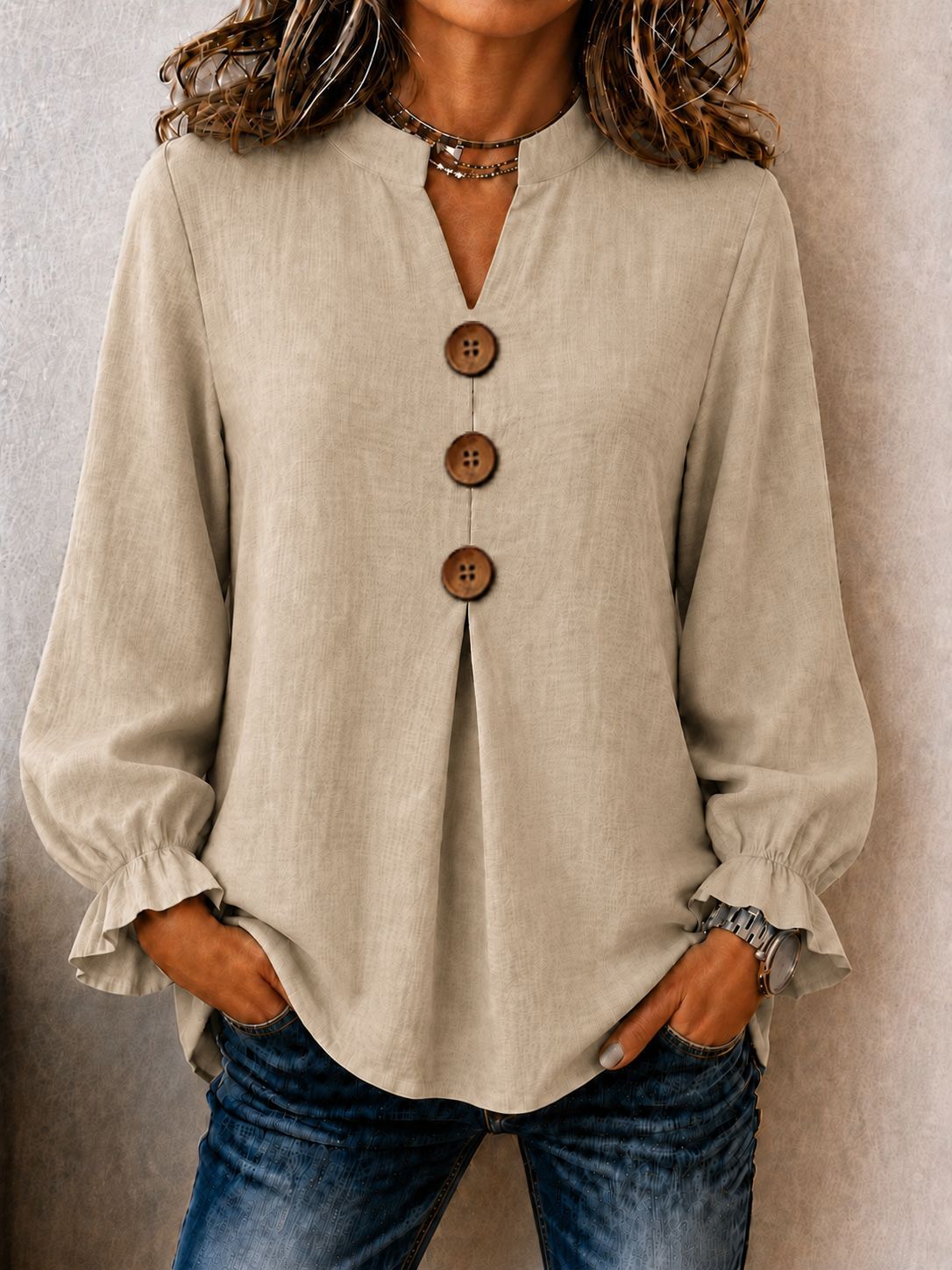 New Womens Fashion Long-sleeve V-neck Solid-color Button-up Top For Fall And Winter by Ricaloux