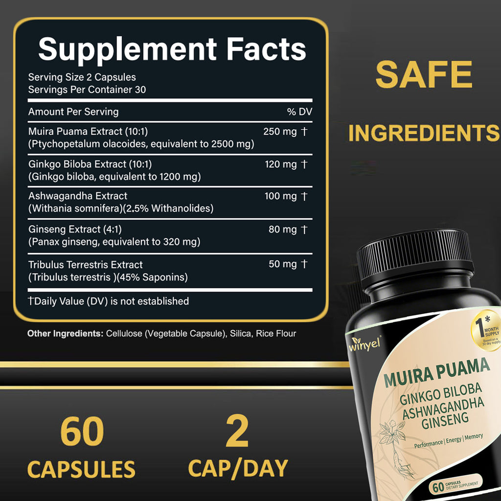 Muira Puama Ginseng Ashwagandha Ginkgo Tribulus Herbal Supplements Unleash Your Potential Through Our Pills Dietary Supplements, Help Promote An Active And Healthy Lifestyle 60 Capsules – Premium 0 | RICALOUX