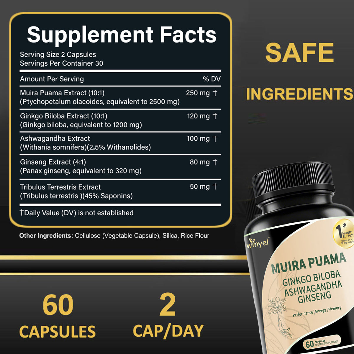 Muira Puama Ginseng Ashwagandha Ginkgo Tribulus Herbal Supplements Unleash Your Potential Through Our Pills Dietary Supplements, Help Promote An Active And Healthy Lifestyle 60 Capsules – Premium 0 | RICALOUX