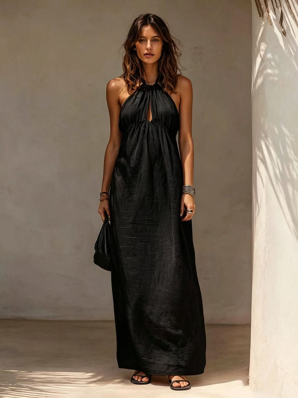 Womens Solid-color Long Halter-neck Dress – Premium 0 | RICALOUX