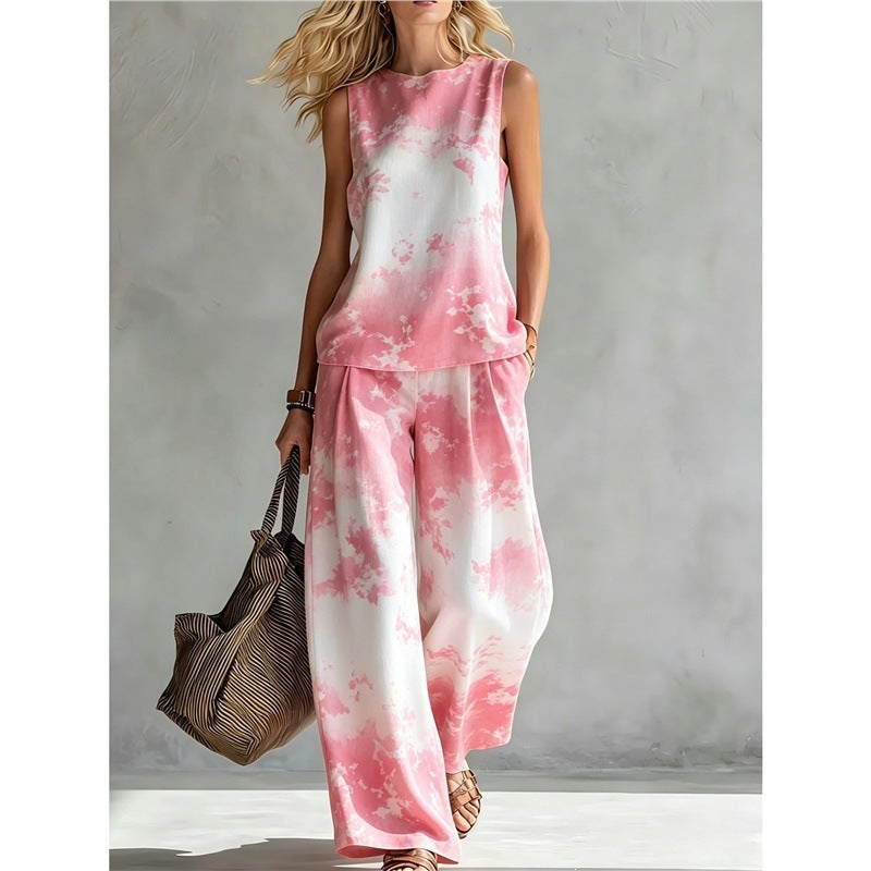 New-style Rainbow Tie-dye Sleeveless Crew-neck Top And Wide-leg Pants Womens Casual Two-piece Set – Premium 0 | RICALOUX