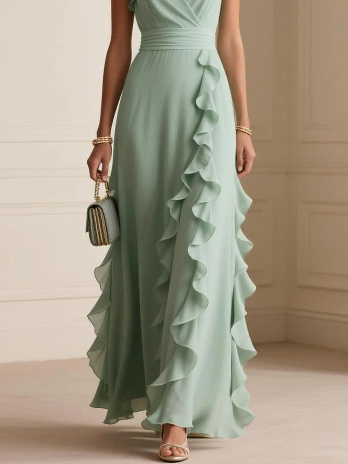 Women's Elegant Solid Color Ruffle Sleeveless Sexy V-Neck Long Dress Fashionable Bohemian Women's Party Evening Maxi Dresses by Ricaloux