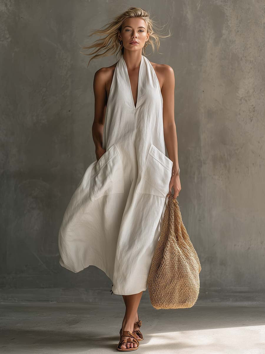 Summer Halter V-Neck Backless Maxi Dress With Large Pockets - Cotton Linen Loose Vacation Dress, Multiple Colors Available For Women by Ricaloux