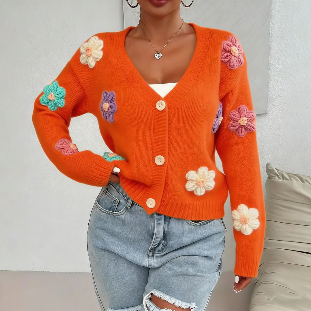 Womens Knitted Cardigan With Three-dimensional Floral Pattern And Hand-embroidered Flowers by Ricaloux