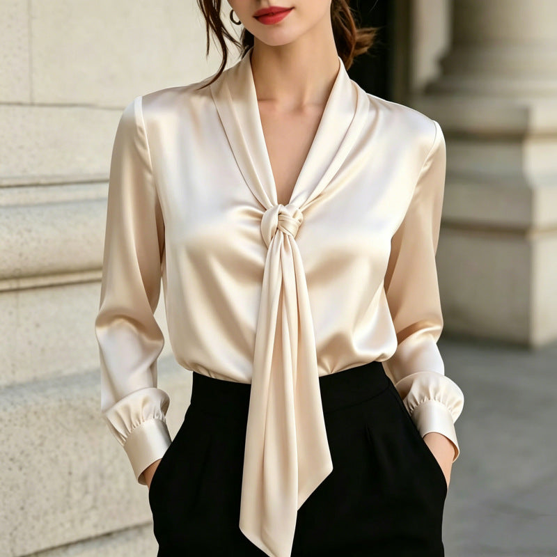 Satin Ribbon V-Neck Knotted Long-Sleeve Shirt For Women – Premium 0 | RICALOUX