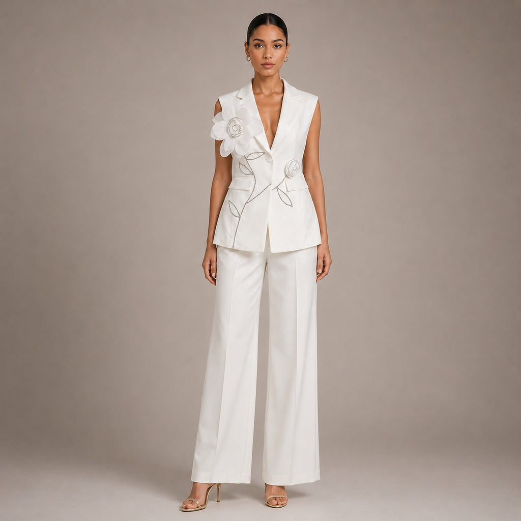 Tailored Sleeveless Blazer Vest & Wide Leg Trousers 2 Piece Floral Embroidery Suit Co-ord – Premium 4 | RICALOUX