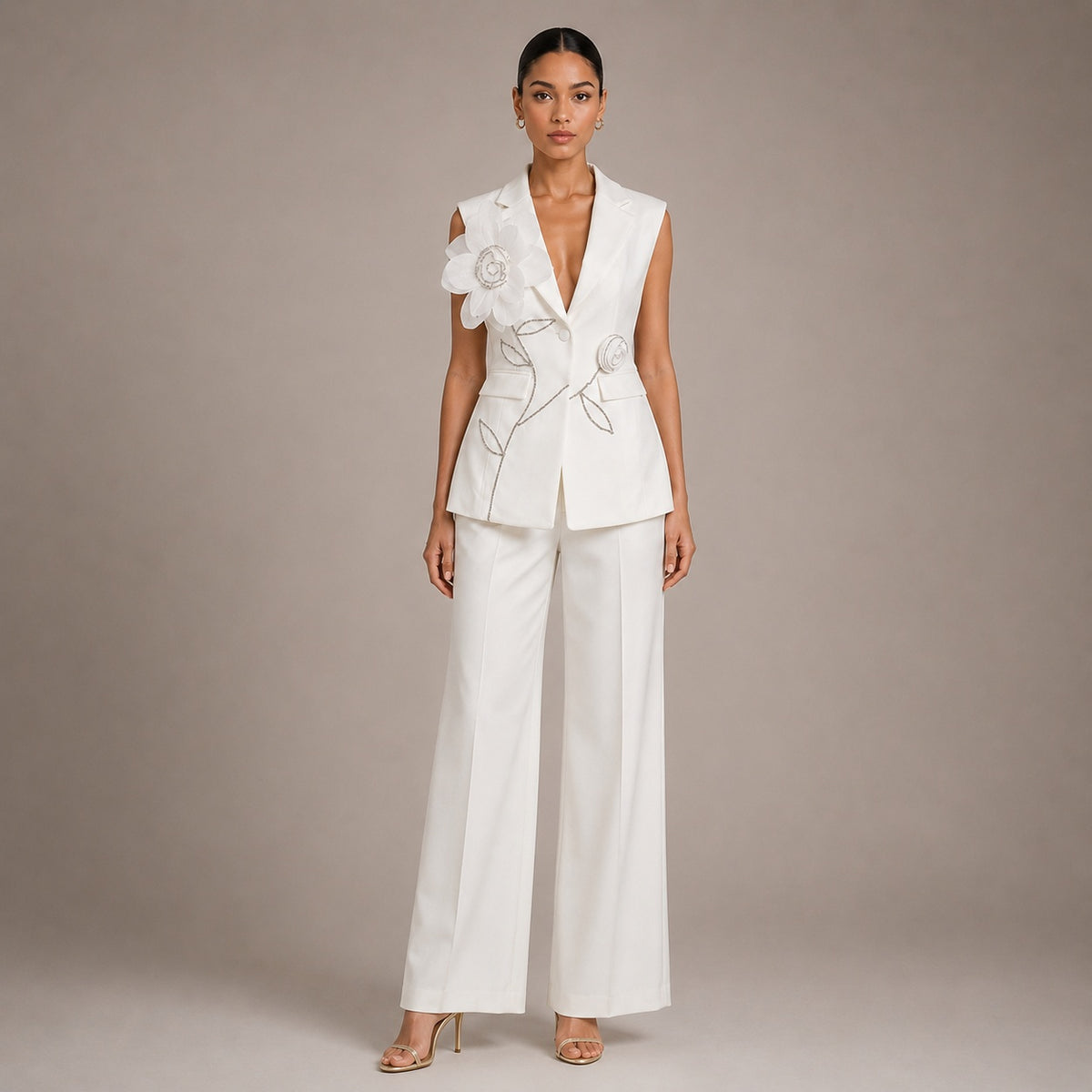 Tailored Sleeveless Blazer Vest & Wide Leg Trousers 2 Piece Floral Embroidery Suit Co-ord – Premium 4 | RICALOUX