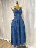 Fashionable V-neck Strapless Backless Denim Dress With Tie Detailing by Ricaloux