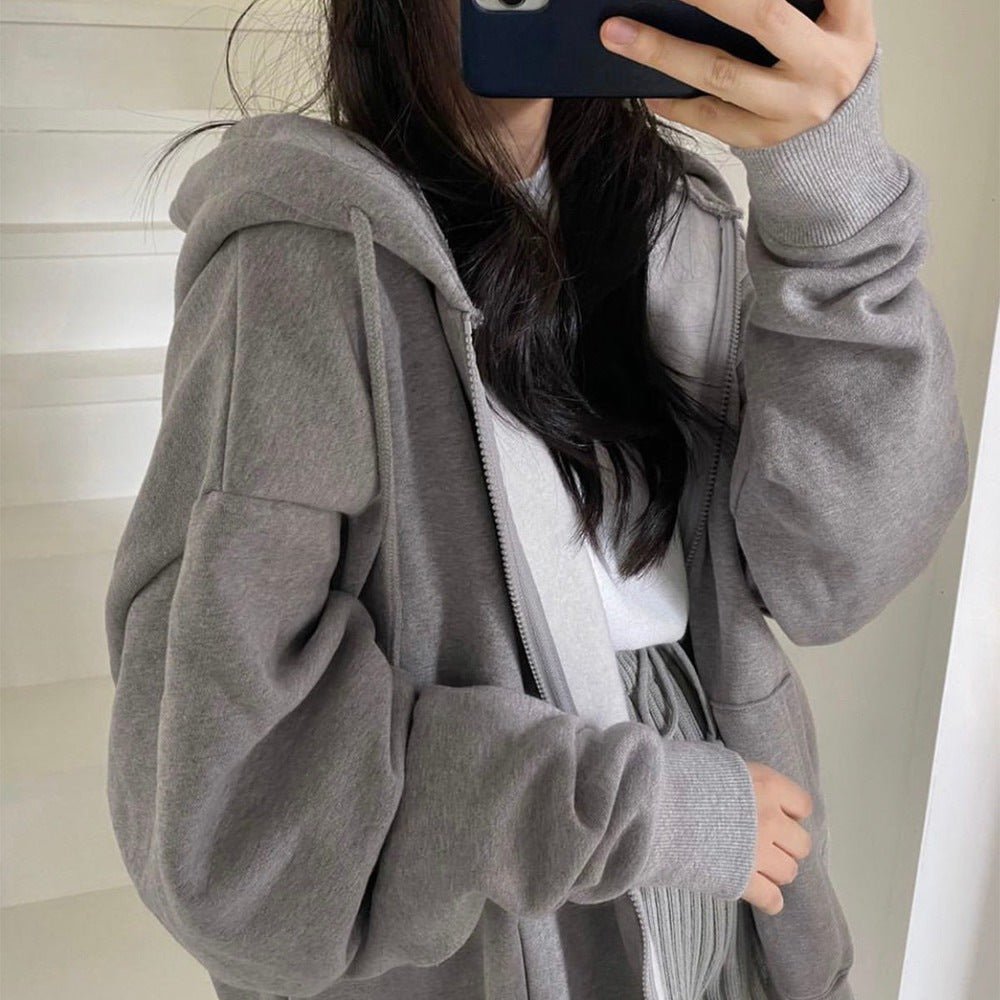 Women's Loose Long Sleeve Zipper Pocket Hoodie - RICALOUX