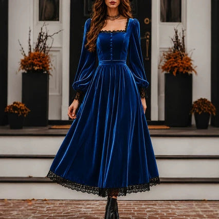Square-neck Lace-panel Velvet Dress – Premium 0 | RICALOUX