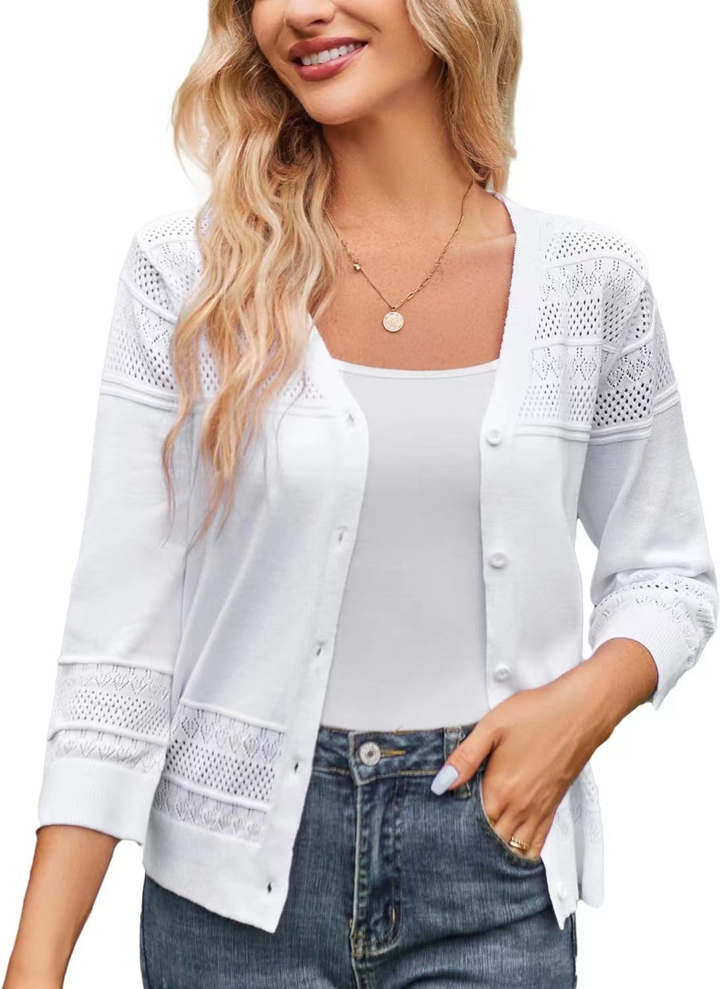V-neck Cropped Outerwear Hollow-out Knit Cardigan – Premium 0 | RICALOUX