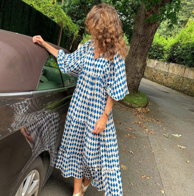 Womens Loose Long-Sleeve Dress With Floral Print And Puffed Sleeves Style For Europe And America by Ricaloux