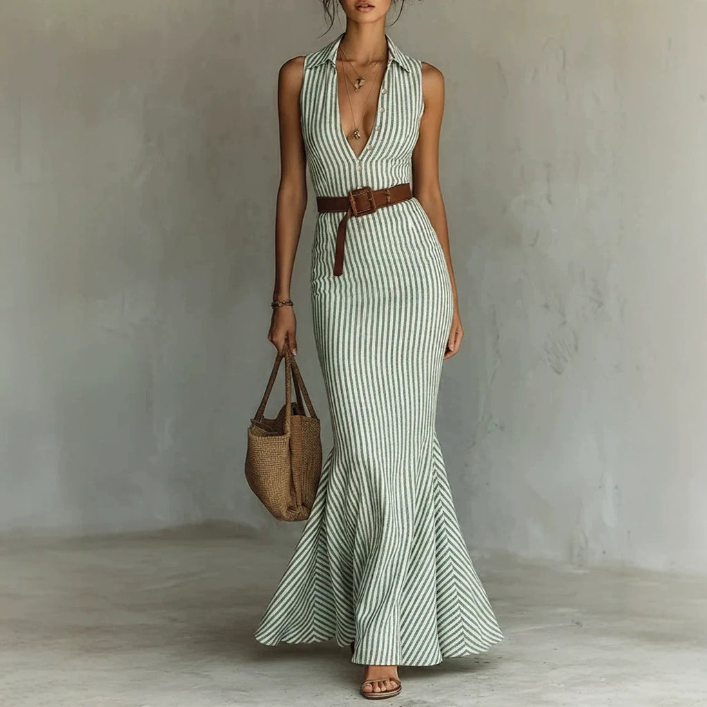 Elegant V-neck Dress With A Belt For Women by Ricaloux