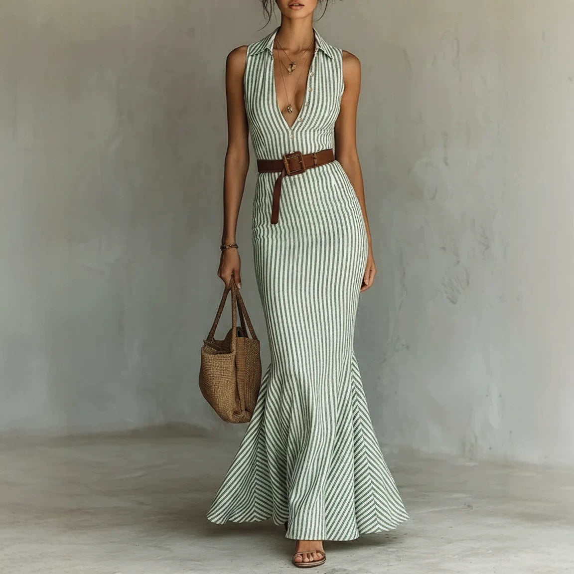 Elegant V-neck Dress With A Belt For Women by Ricaloux